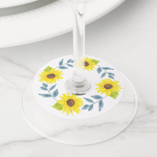 Sunflower Watercolor Wreath Wine Glass Tag