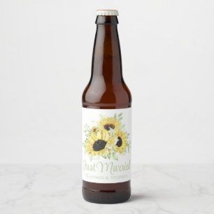 Sunflower Watercolor Yellow Floral Just Married Beer Bottle Label