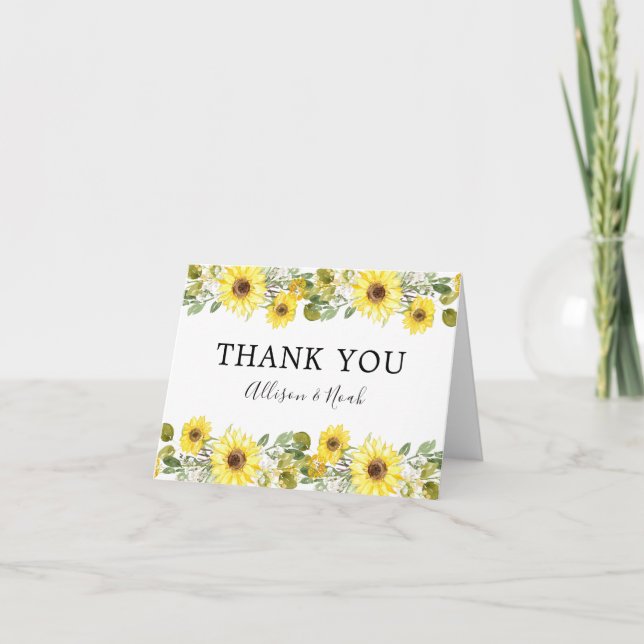 sunflower watercolor yellow green thank you card (Front)