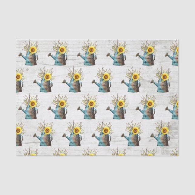Sunflower Watering Can & Rustic Wood Farm Wedding Tissue Paper (Front)