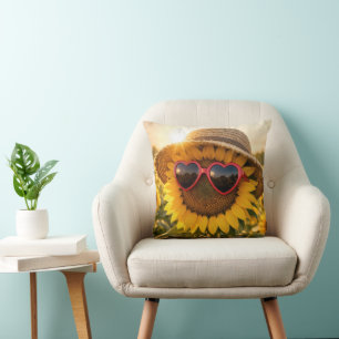 Sunflower Wearing Sunglasses and Straw Hat Cushion
