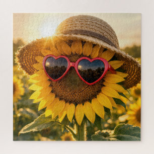 Sunflower Wearing Sunglasses and Straw Hat Jigsaw Puzzle