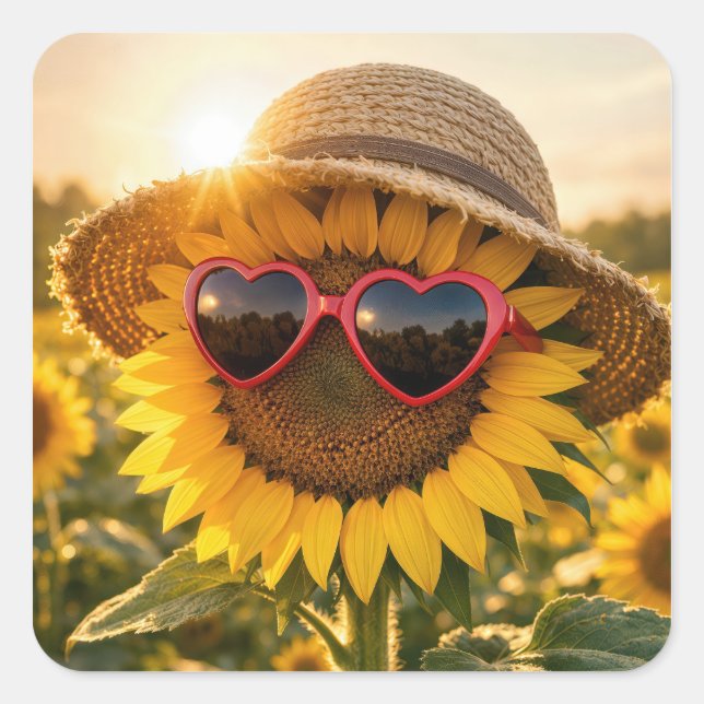 Sunflower Wearing Sunglasses and Straw Hat Square Sticker (Front)