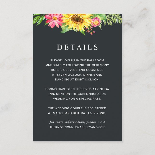 Sunflower Wedding Details Card (Front)