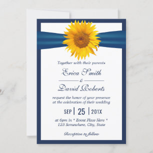 Sunflower Wedding Elegant Navy Blue Ribbon Minimal Invitation