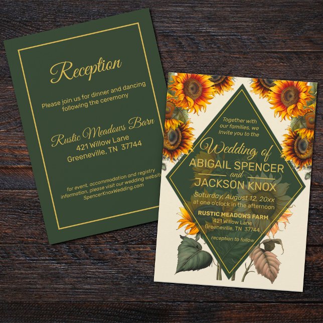 Sunflower Wedding Forest Green and Gold Rustic Invitation (Creator Uploaded)