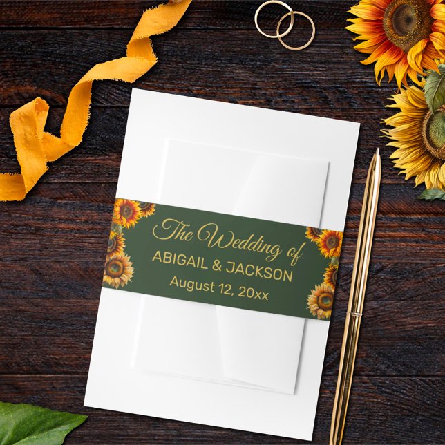 Sunflower Wedding Forest Green and Gold Rustic Invitation Belly Band (Creator Uploaded)
