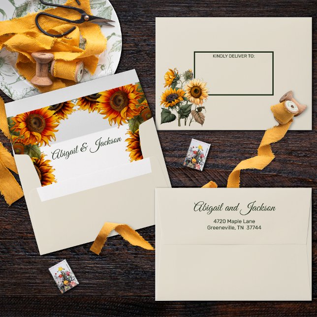 Sunflower Wedding Forest Green Rustic Wedding Envelope (Creator Uploaded)