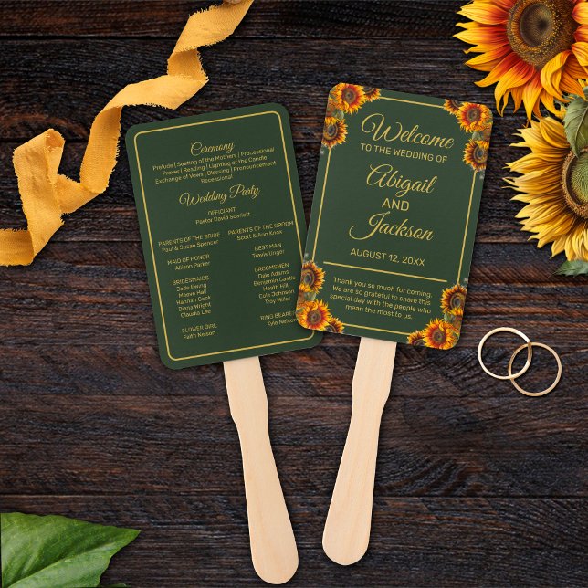 Sunflower Wedding Green & Gold Wedding Program Hand Fan (Creator Uploaded)
