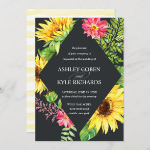 Sunflower wedding in yellow with dark background invitation