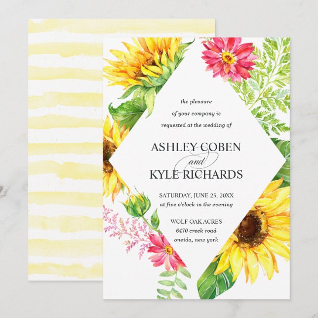 Sunflower wedding invitation in yellow (Front/Back)