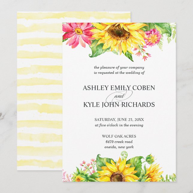 Sunflower wedding invitation on light background (Front/Back)