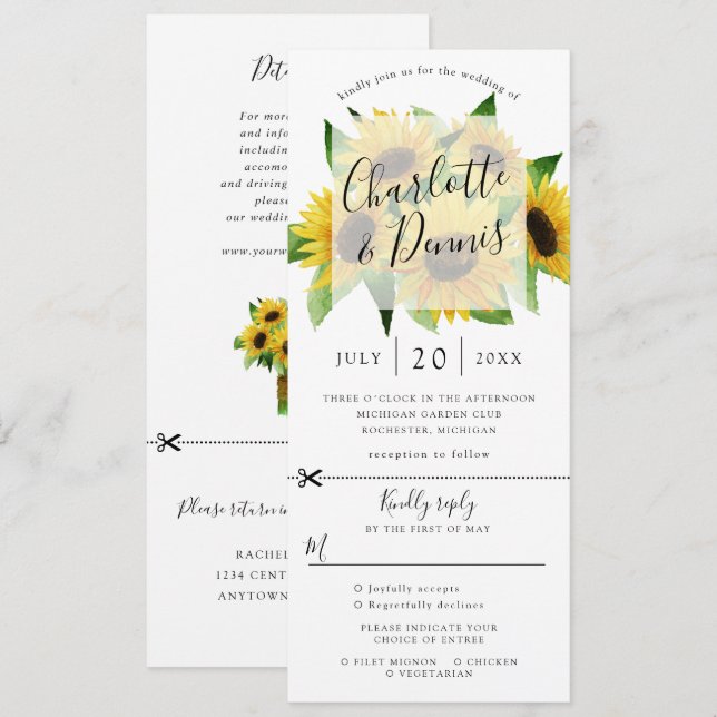 Sunflower wedding invitation w rsvp attached (Front/Back)
