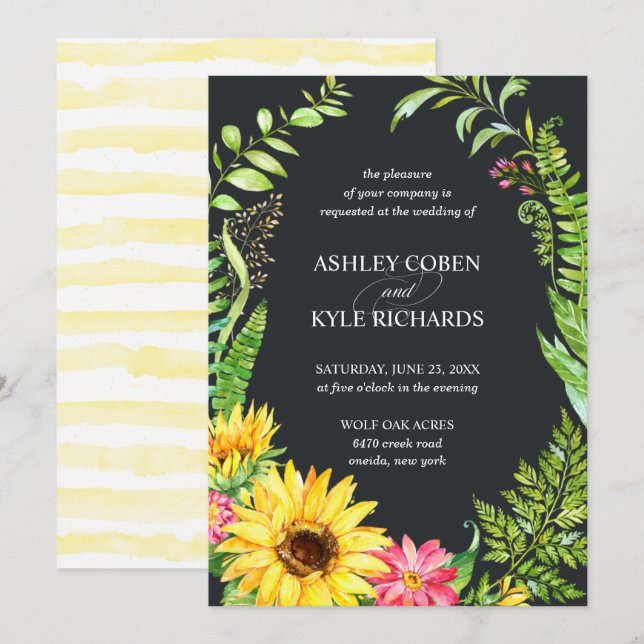 Sunflower wedding invitation with dark background (Front/Back)