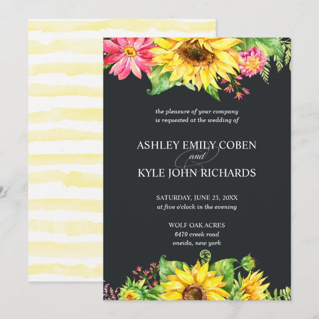 Sunflower wedding invitation with dark background (Front/Back)