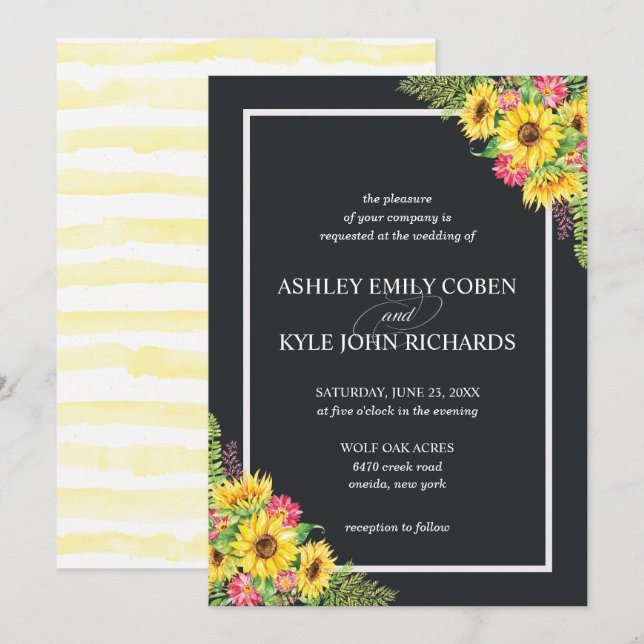 Sunflower wedding invitation with dark background (Front/Back)