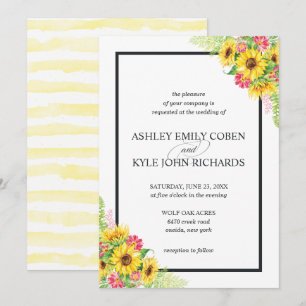 Sunflower wedding invitation with pink flowers