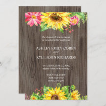 Sunflower wedding invitation with wood background