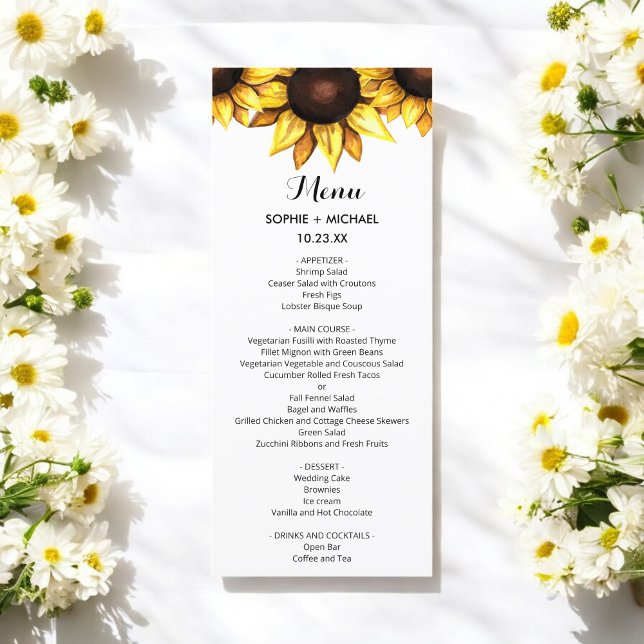 Sunflower Wedding Menu Floral White Yellow Card (Creator Uploaded)