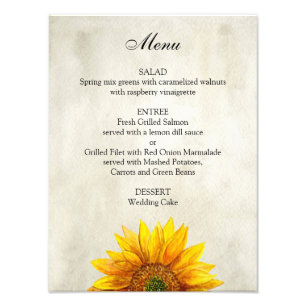 Sunflower wedding menu poster. Rustic dinner menu Photo Print
