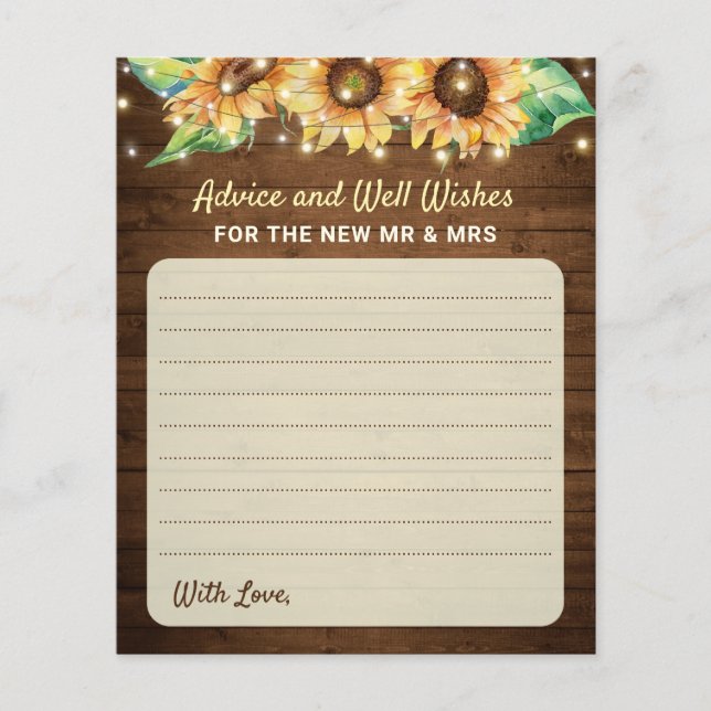Sunflower Wedding New Mr Mrs Newlyweds Advice Card (Front)