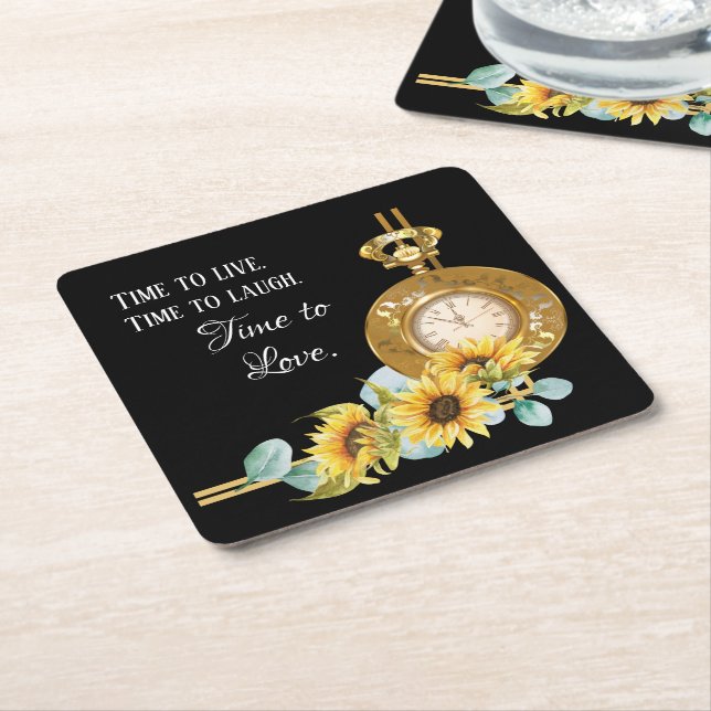 Sunflower Wedding Paper Coaster (Black) (Angled)