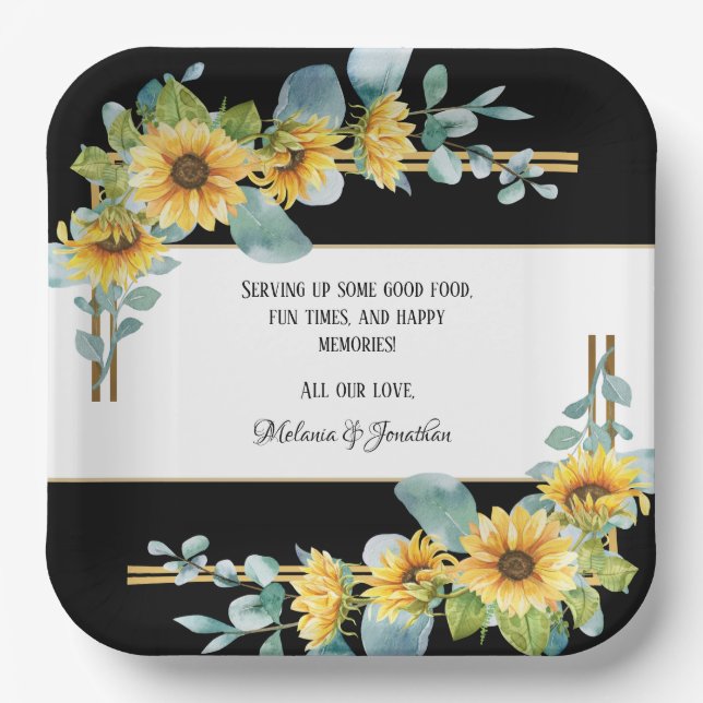 Sunflower Wedding Personaized Paper Plate (Black) (Front)