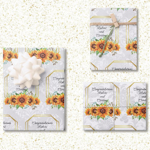 Sunflower Wedding Personalised Names on Damask 3 Wrapping Paper Sheet