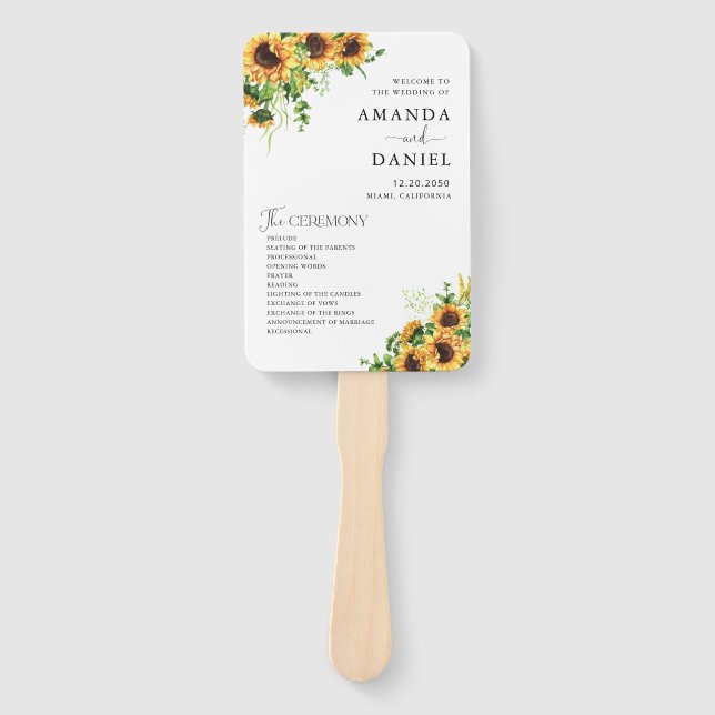 Sunflower Wedding Program Hand Fan (Front)