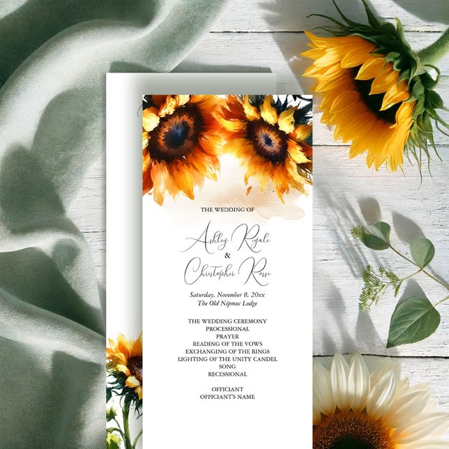 Sunflower Wedding Program - Rustic Programme (Rustic wedding programs watercolor sunflowers exclusive to VG Invites)