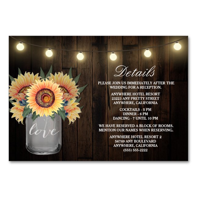 Sunflower Wedding Reception Accommodation Cards (Front)