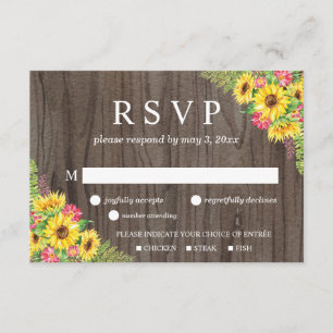 Sunflower Wedding RSVP Card on wood