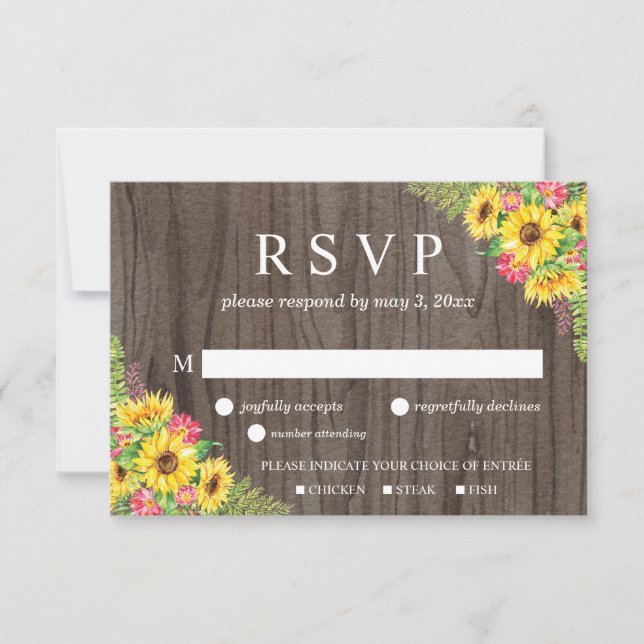Sunflower Wedding RSVP Card on wood (Front)