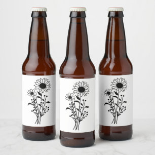 Sunflower Wedding Rustic Wildflowers Black White Beer Bottle Label