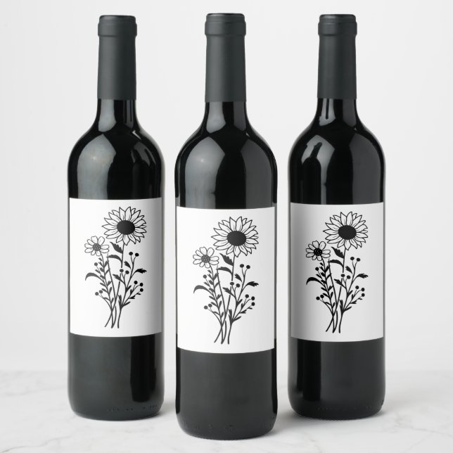 Sunflower Wedding Rustic Wildflowers Black White Wine Label (Bottles)
