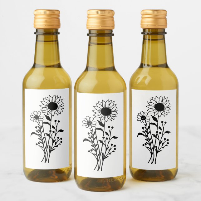 Sunflower Wedding Rustic Wildflowers Black White Wine Label (Bottles)