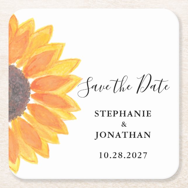 Sunflower Wedding Save The Date  Square Paper Coaster (Front)