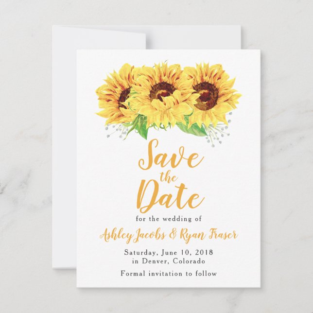 Sunflower Wedding Save the Date Watercolor Floral (Front)