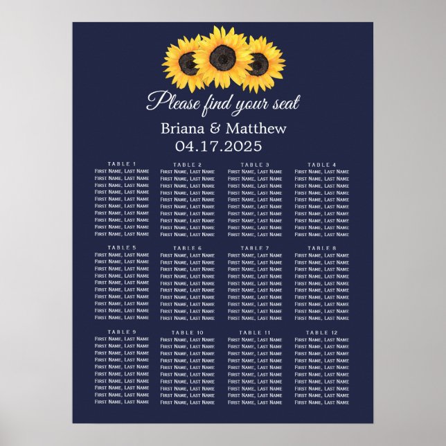 Sunflower Wedding Seating Chart Country Blue (Front)