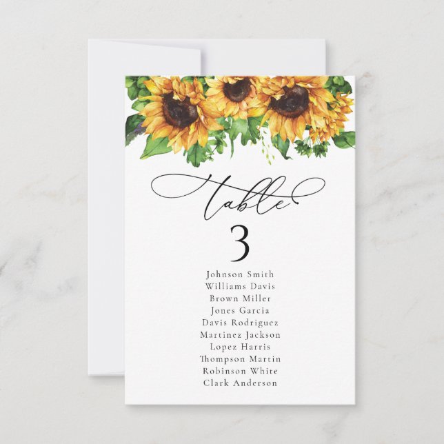 Sunflower Wedding Table Seating Chart Cards (Front)