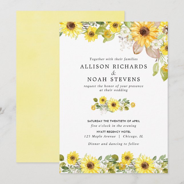 Sunflower wedding watercolors invitation (Front/Back)