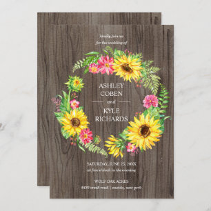 Sunflower wedding with wreath on wood background invitation