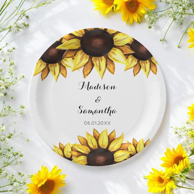 Sunflower Wedding Yellow Watercolor Paper Plates (Creator Uploaded)