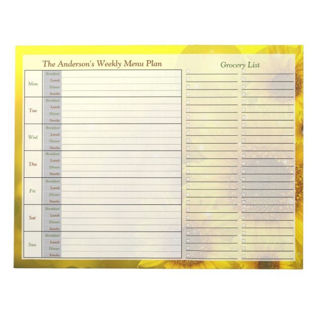 Sunflower Weekly Personalised Menu Plan Notepad (Front)