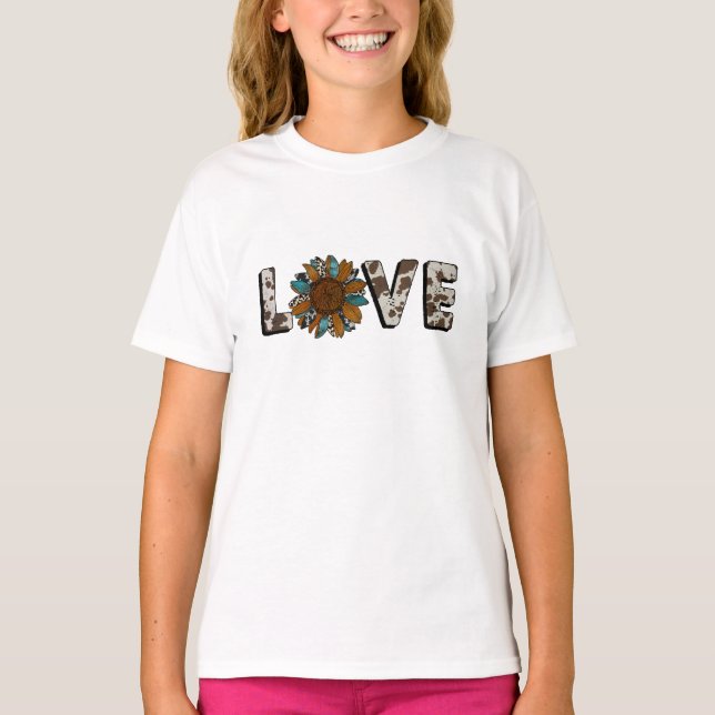 Sunflower Western Love Boho Summer Animal Print T-Shirt (Front)