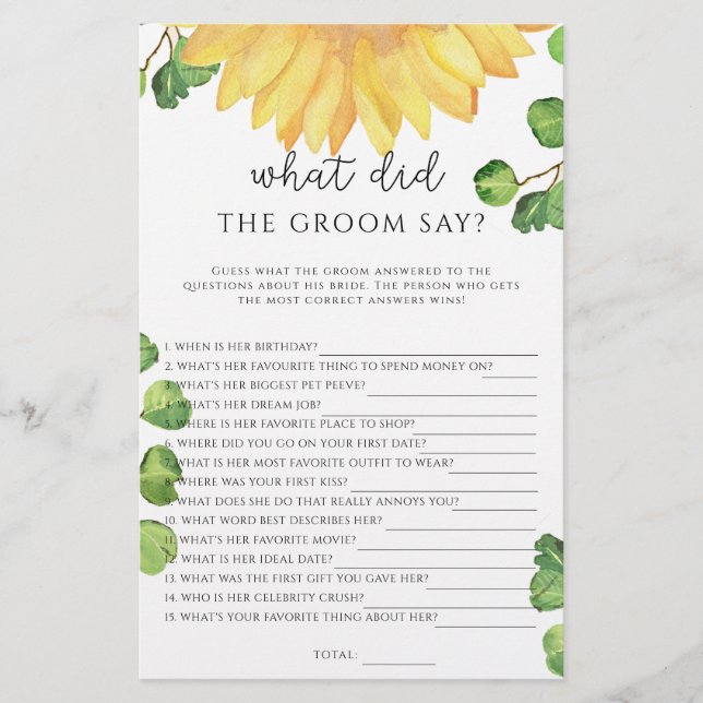 Sunflower What did the groom say bridal game (Front)