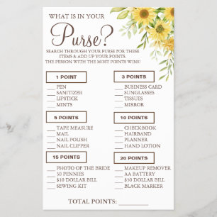 Sunflower What is in your purse Shower game card