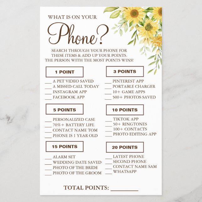 Sunflower What is on your phone Shower game card (Front)