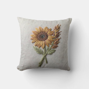 Sunflower Wheat Embroidery Ochre Throw Pillow