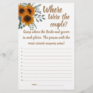 Sunflower Where were the couple? Shower Game Card